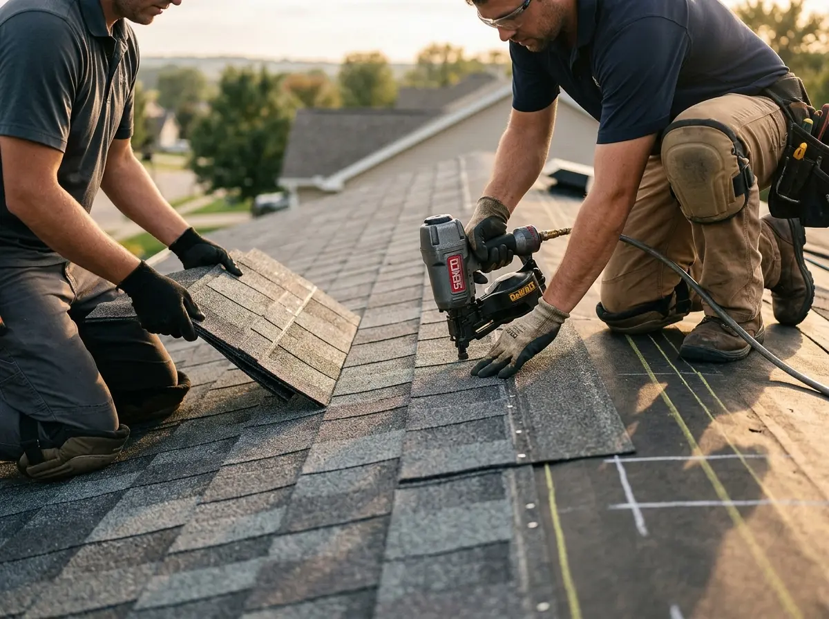 Professional roofer working on a residential roof in Amherst